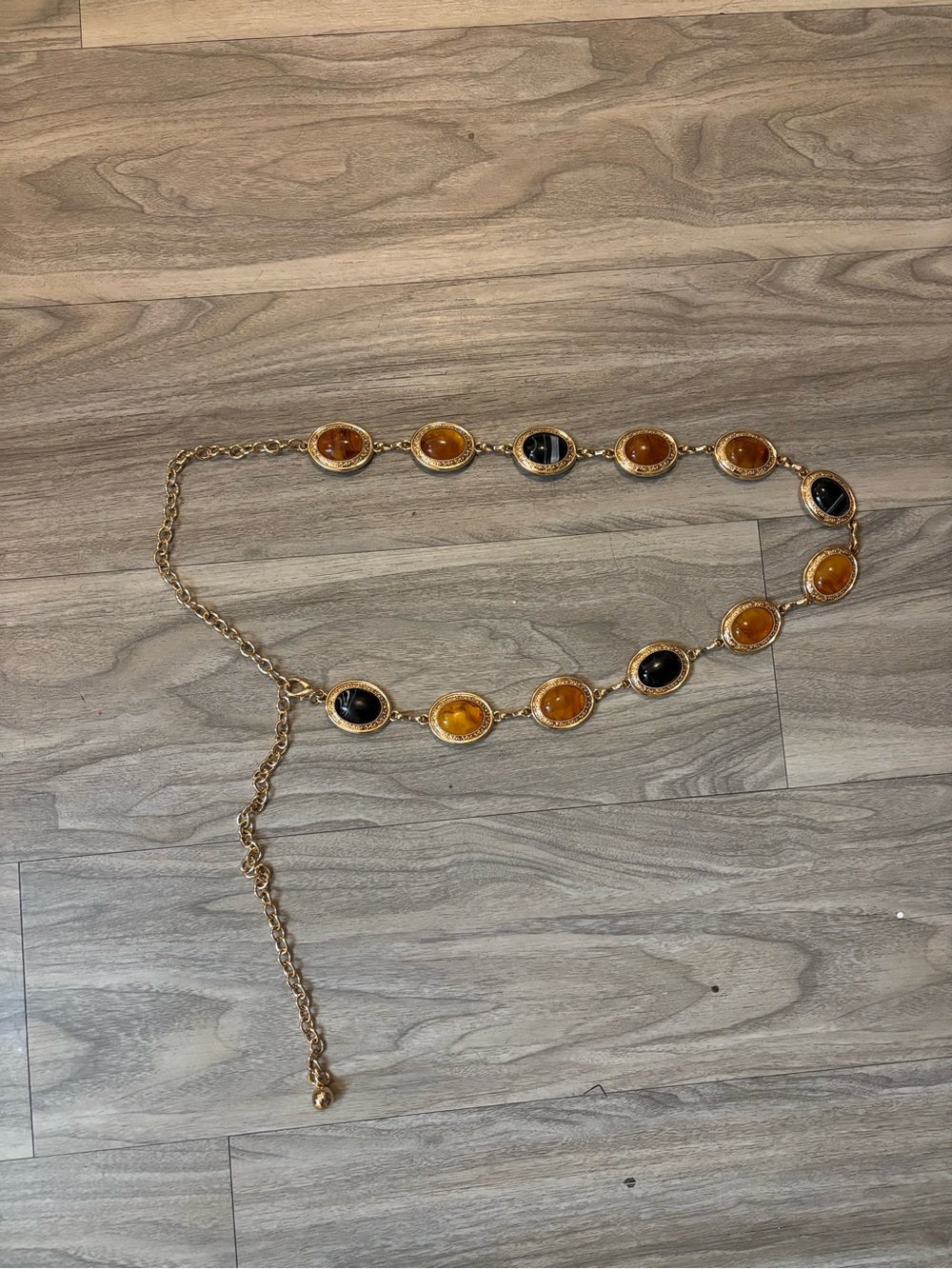 Gold-Tone Amber & Black Oval Link Waist Belt Necklace